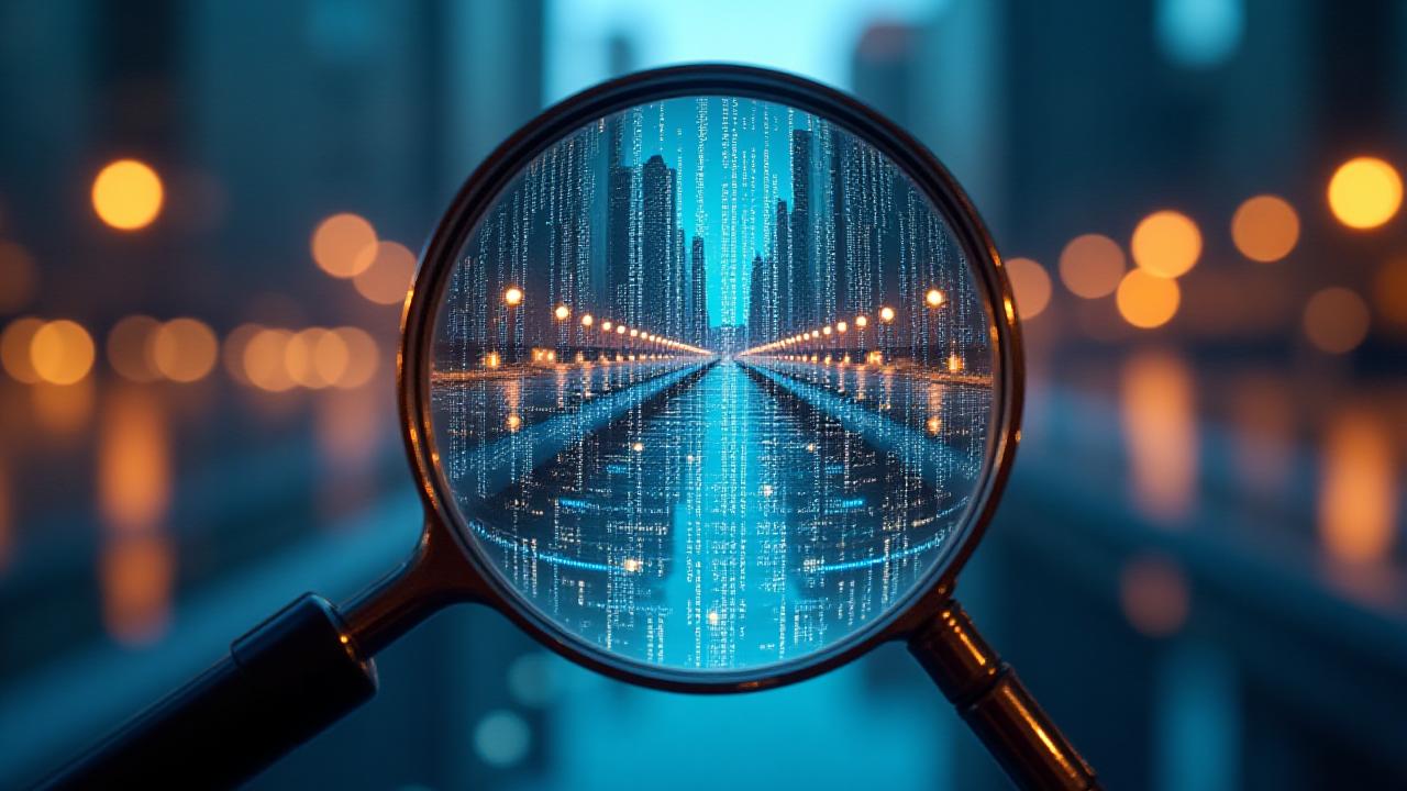 Концептуальное изображение медиаграмотности: увеличительное стекло над потоком цифровых данных